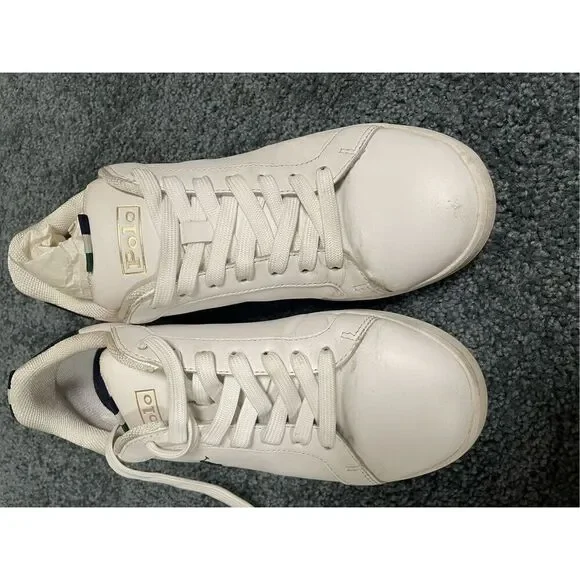 Polo Ralph Lauren Heritage Court II Low Shoes White Blue Leather Mens 7D - Picture 2 of 8